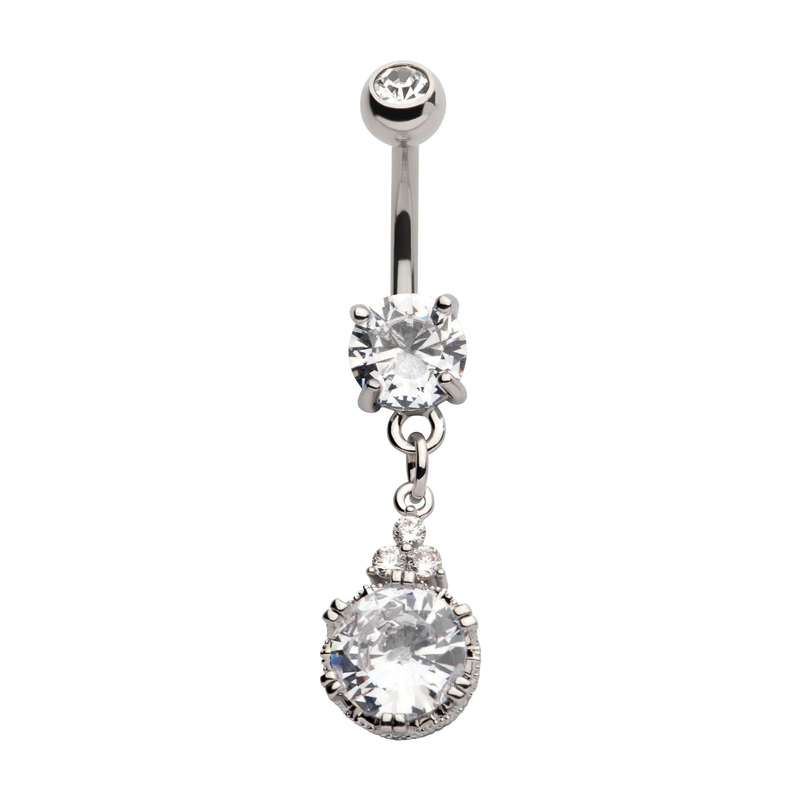 TBD-Belly Externally Threaded Big Round CZ Trinity Clear CZ Dangle Navel -Rebel Bod-RebelBod
