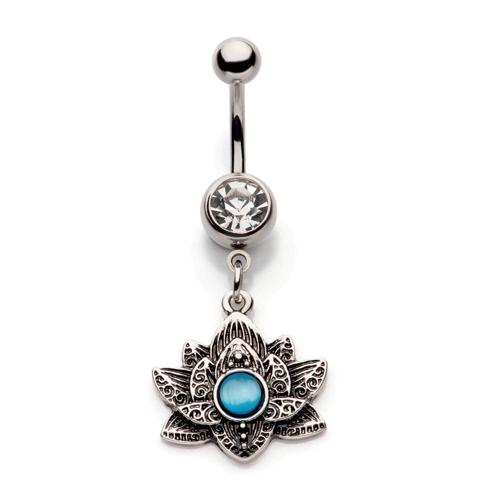 TBD-Belly Externally Threaded Blue Cats Eye Gemstone Lotus Flower Dangle Navel -Rebel Bod-RebelBod