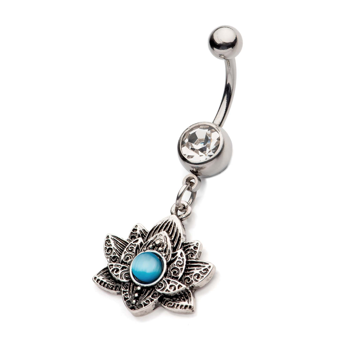 TBD-Belly Externally Threaded Blue Cats Eye Gemstone Lotus Flower Dangle Navel -Rebel Bod-RebelBod