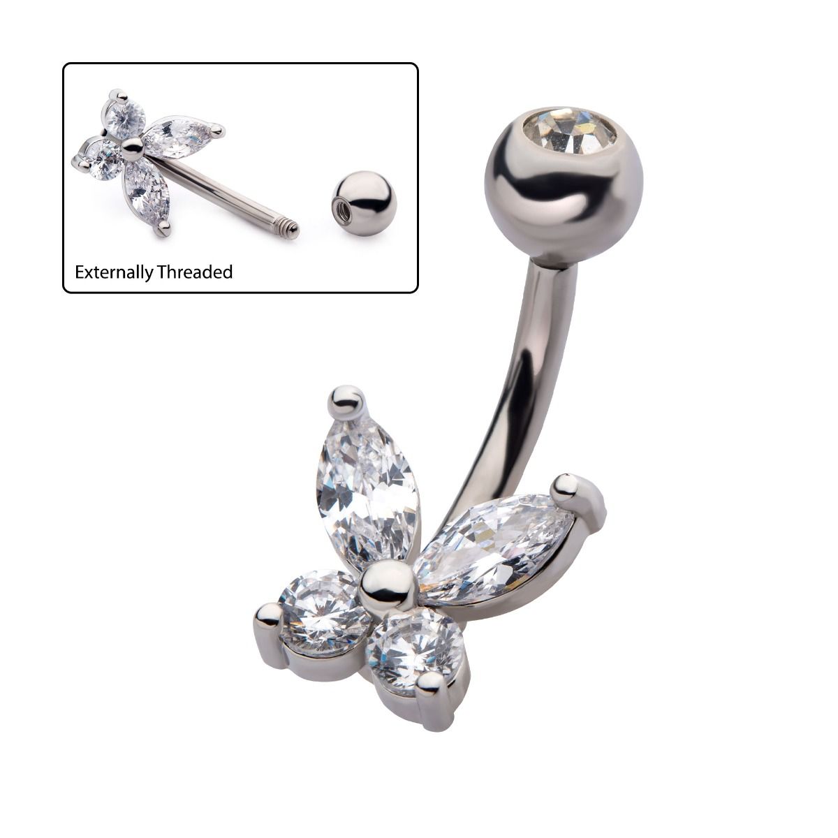 TBD-Belly Externally Threaded Clear CZ Butterfly Fixed Navel -Rebel Bod-RebelBod