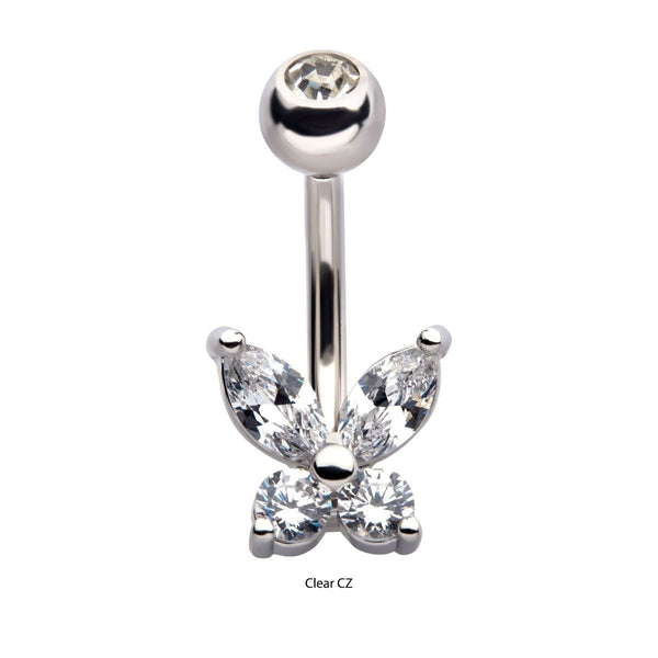 Externally Threaded Clear CZ Butterfly Fixed Navel Belly Ring 1 Piec