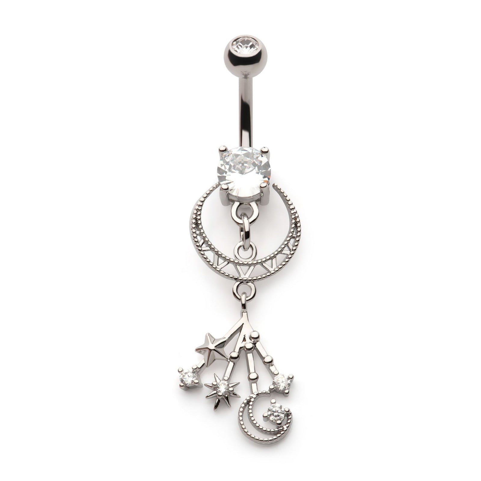 TBD-Belly Externally Threaded Clear CZ Cut Out Crescent Moons Stars Multi Dangle Navel -Rebel Bod-RebelBod