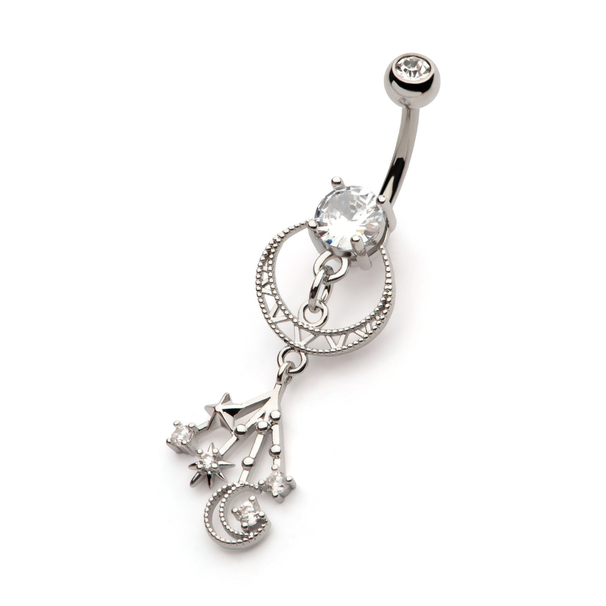 TBD-Belly Externally Threaded Clear CZ Cut Out Crescent Moons Stars Multi Dangle Navel -Rebel Bod-RebelBod