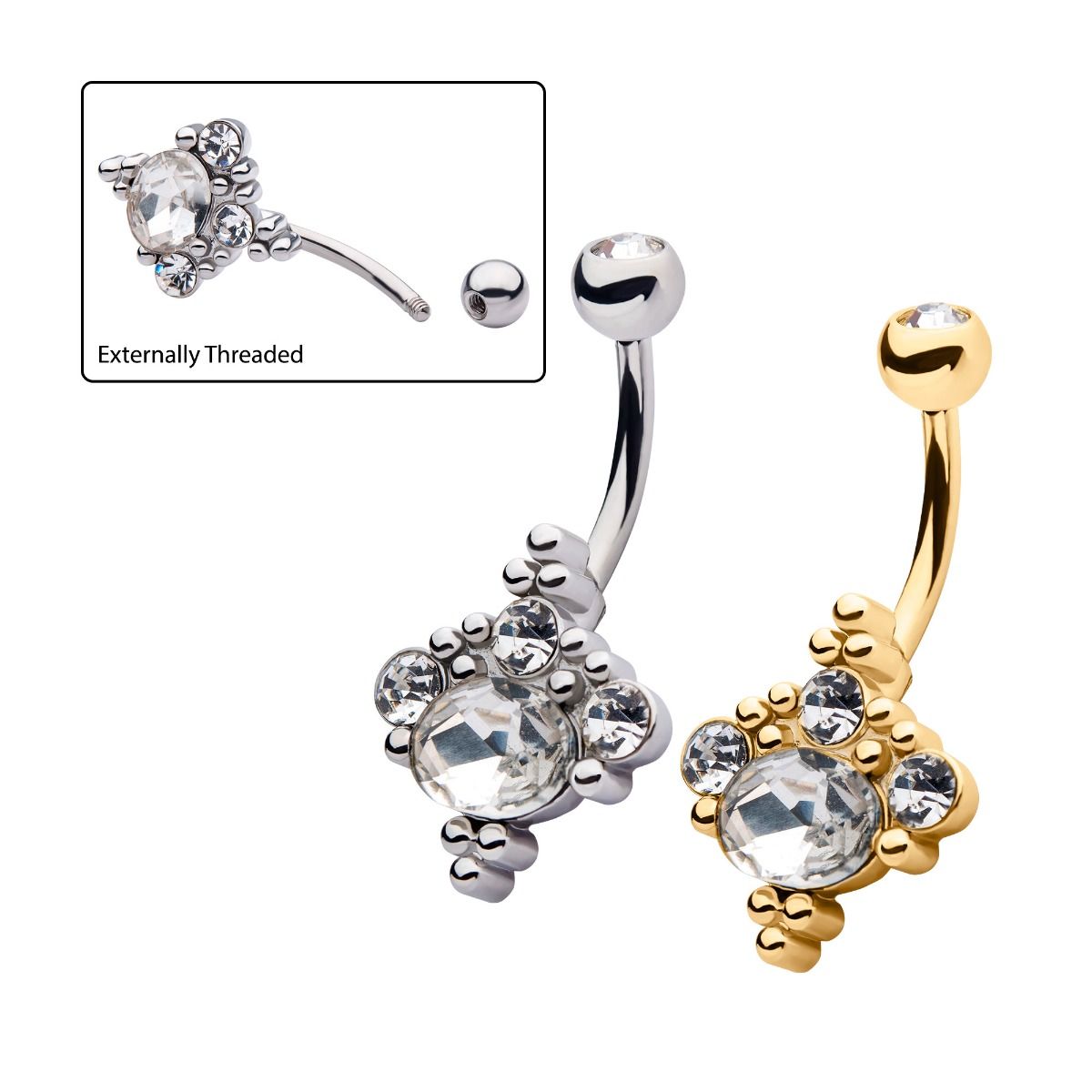 TBD-Belly Externally Threaded Clustered Clear Crystal Beads Fixed Navel -Rebel Bod-RebelBod