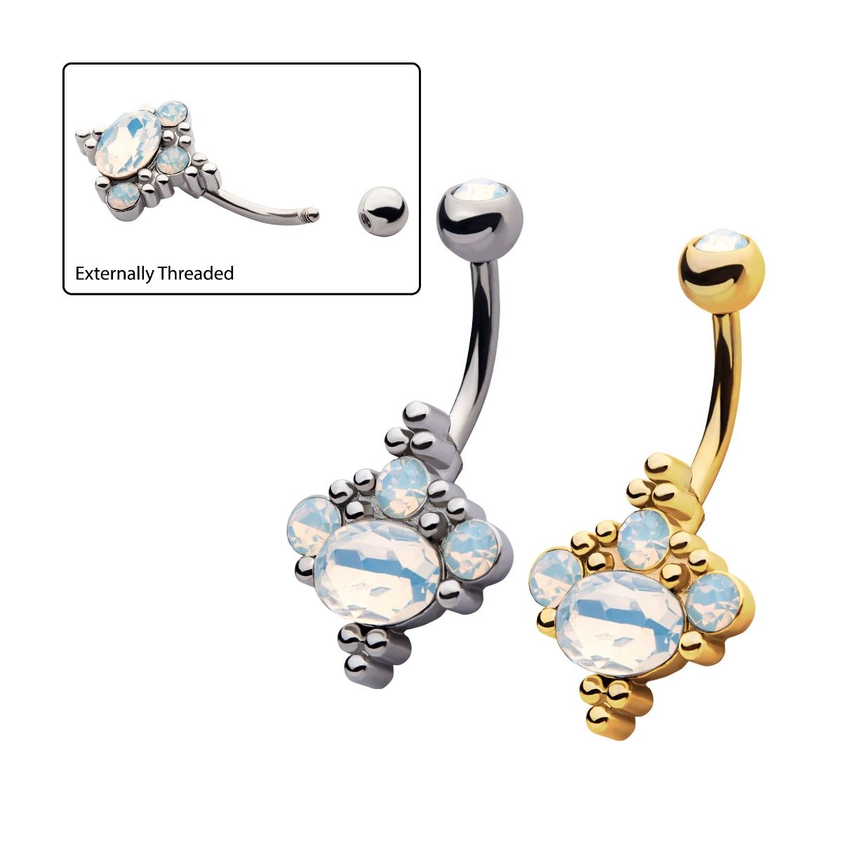 TBD-Belly Externally Threaded Clustered Opalite Beads Fixed Navel -Rebel Bod-RebelBod