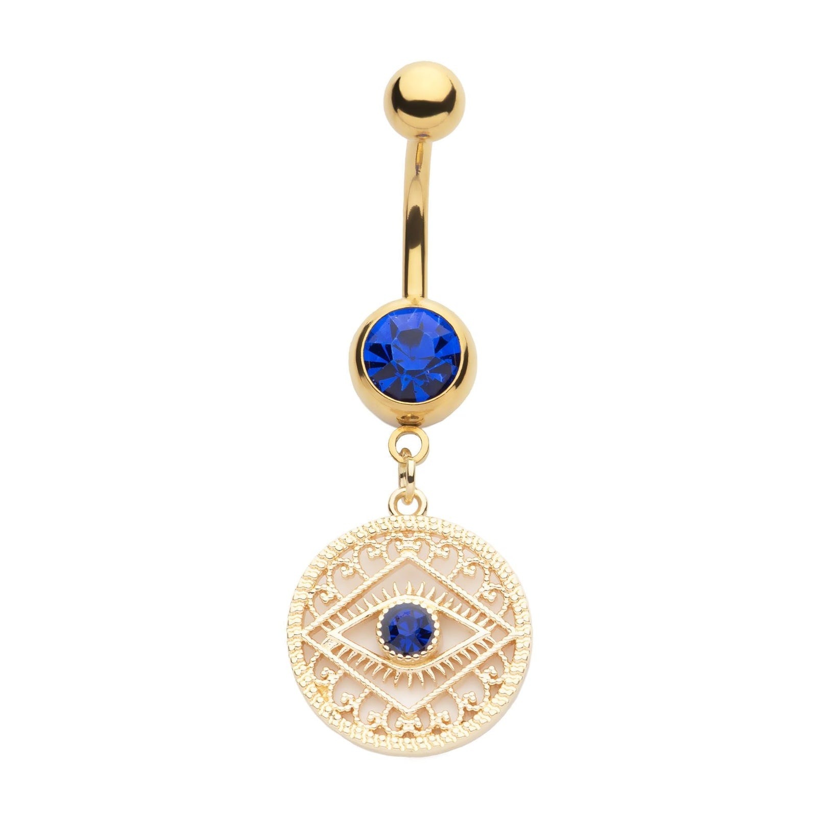 TBD-Belly Externally Threaded Gold PVD Blue CZ Evil Eye Filigree Dangle Navel -Rebel Bod-RebelBod