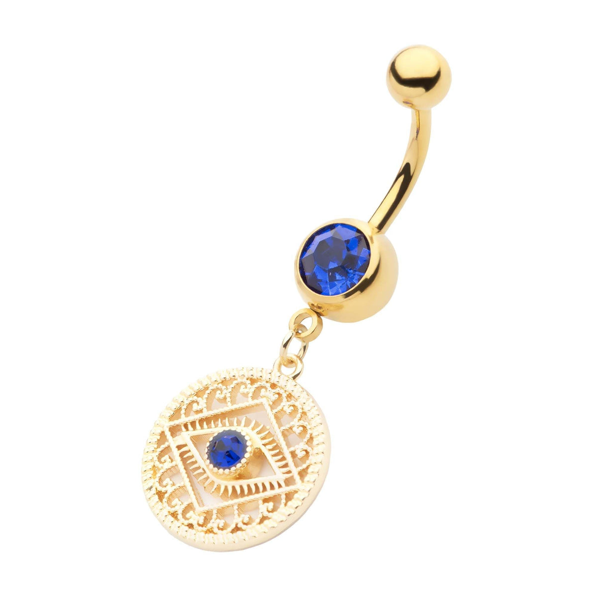 TBD-Belly Externally Threaded Gold PVD Blue CZ Evil Eye Filigree Dangle Navel -Rebel Bod-RebelBod