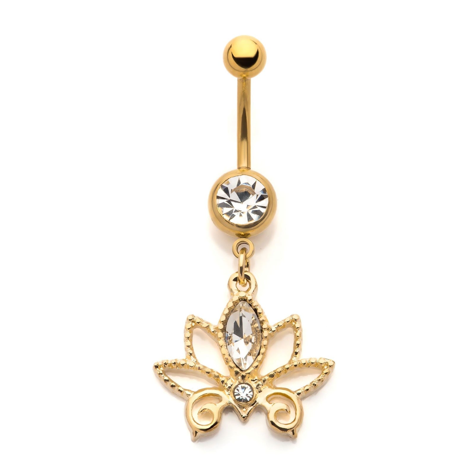 TBD-Belly Externally Threaded Gold PVD Clear CZ Cut Out Lotus Flower Dangle Navel -Rebel Bod-RebelBod