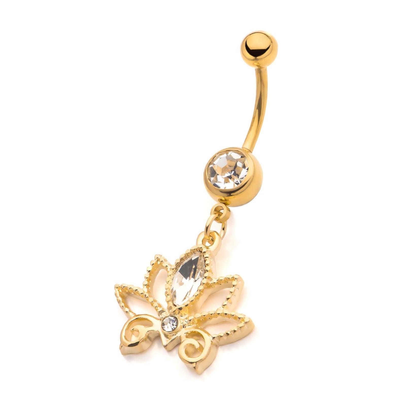 TBD-Belly Externally Threaded Gold PVD Clear CZ Cut Out Lotus Flower Dangle Navel -Rebel Bod-RebelBod