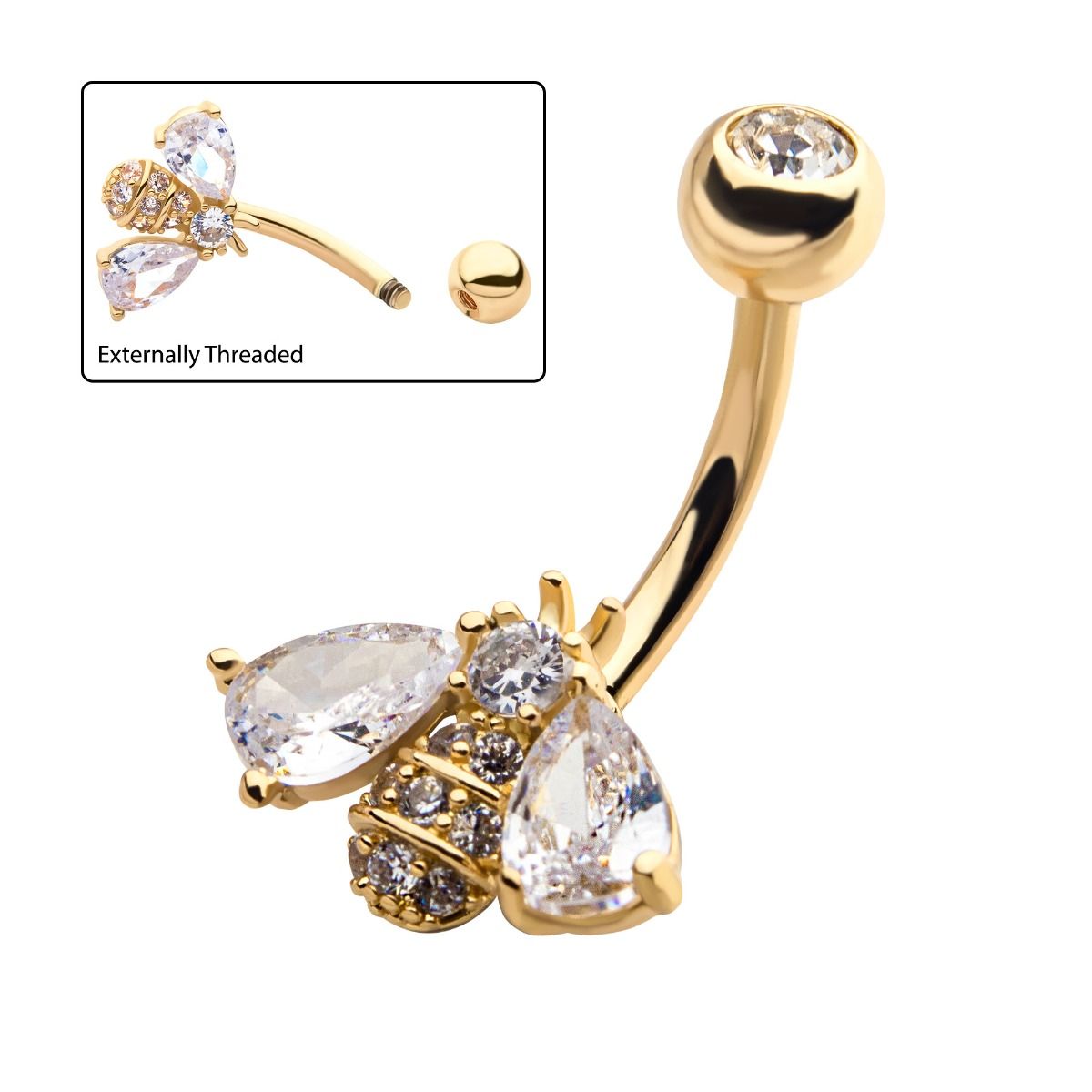 Belly Externally Threaded Gold PVD Clustered CZ Beads Bee Fixed Navel bna7071 -Rebel Bod-RebelBod
