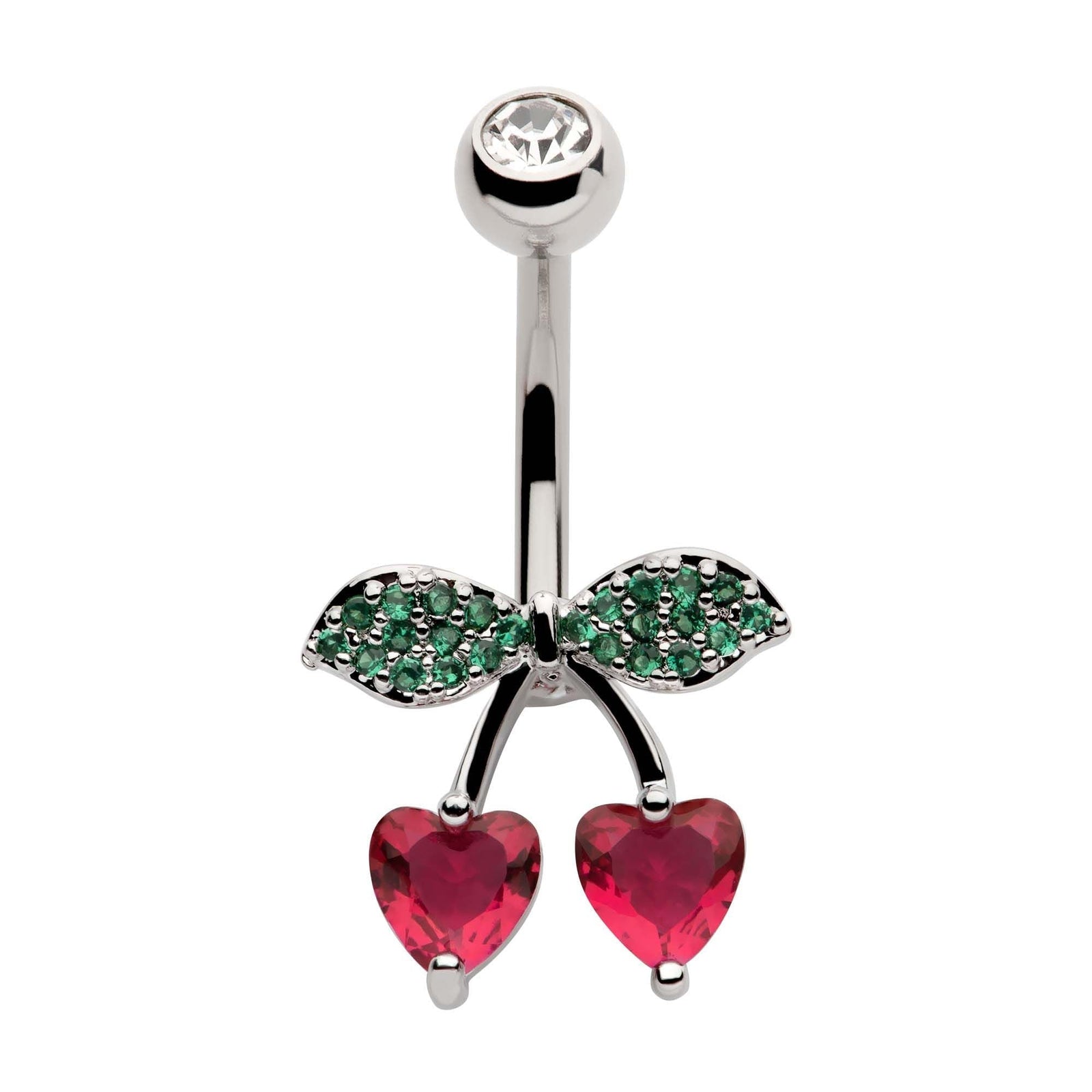 TBD-Belly Externally Threaded Green CZ Leaves Red CZ Hearts Fixed Navel -Rebel Bod-RebelBod