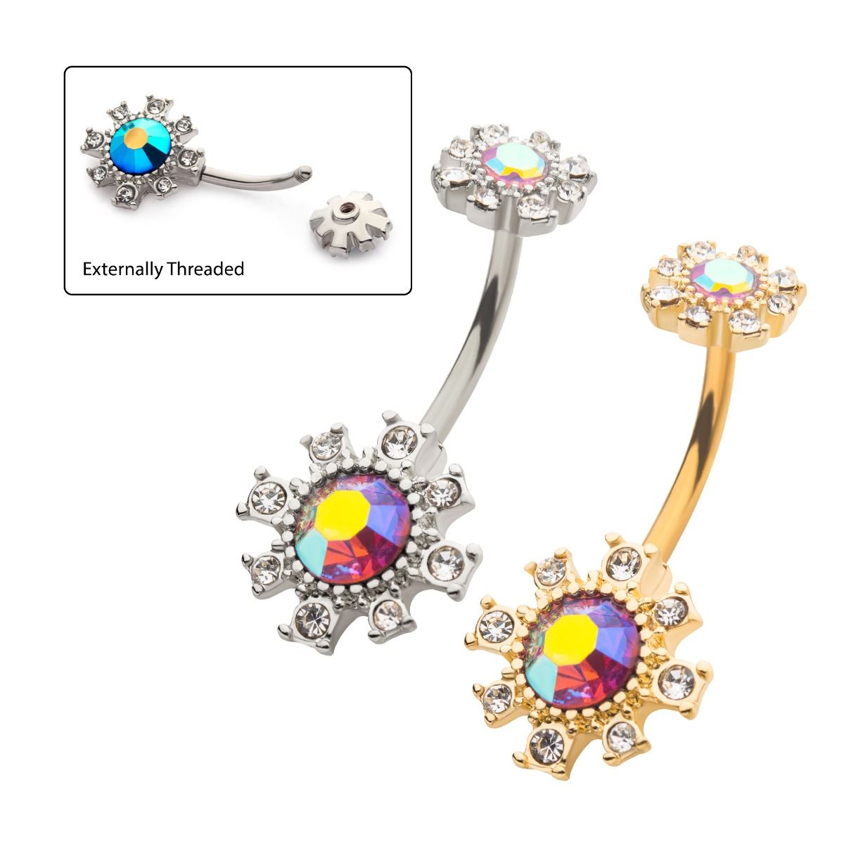 TBD-Belly Externally Threaded Multi-Clear Aurora Borealis Crystals Flower Fixed Navel -Rebel Bod-RebelBod