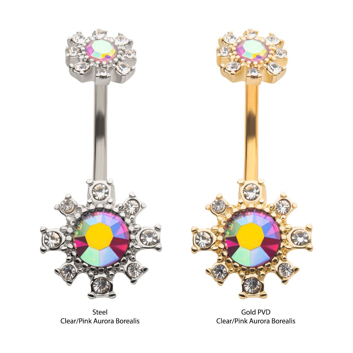 TBD-Belly Externally Threaded Multi-Clear Aurora Borealis Crystals Flower Fixed Navel -Rebel Bod-RebelBod