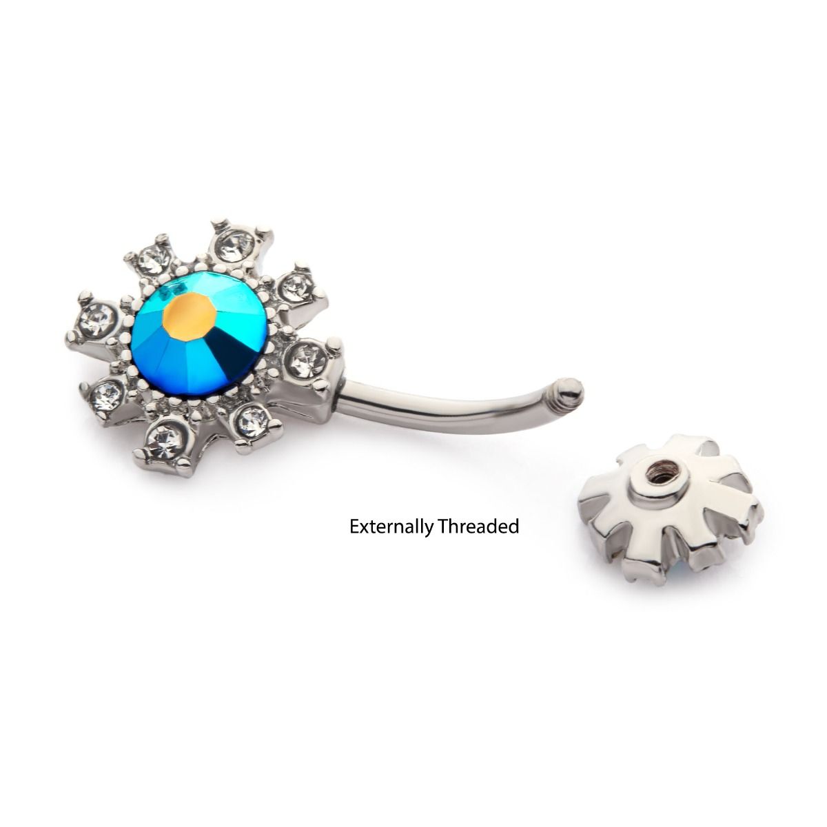 TBD-Belly Externally Threaded Multi-Clear Aurora Borealis Crystals Flower Fixed Navel -Rebel Bod-RebelBod