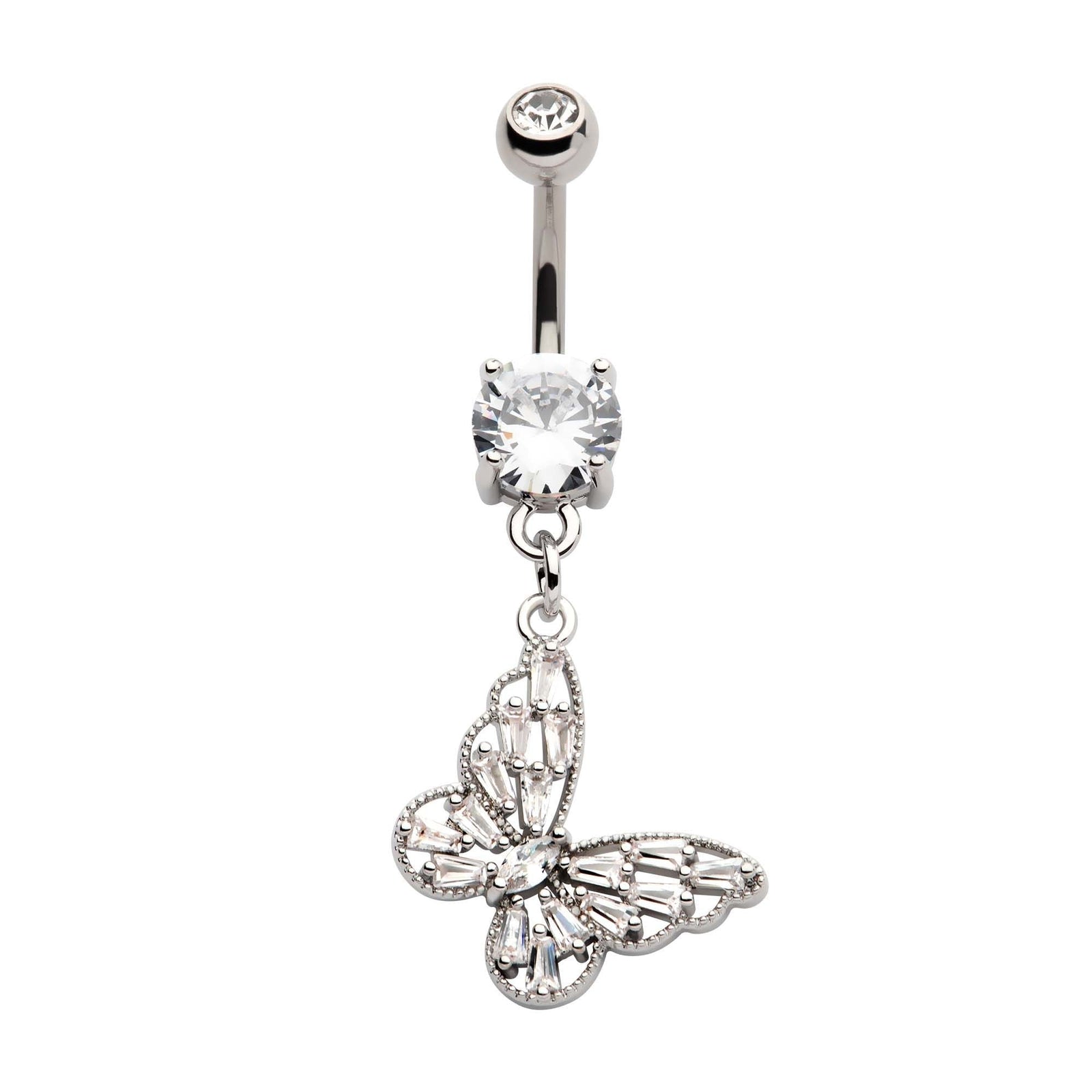 TBD-Belly Externally Threaded Multi Clear Baguette CZ Butterfly Dangle Navel -Rebel Bod-RebelBod