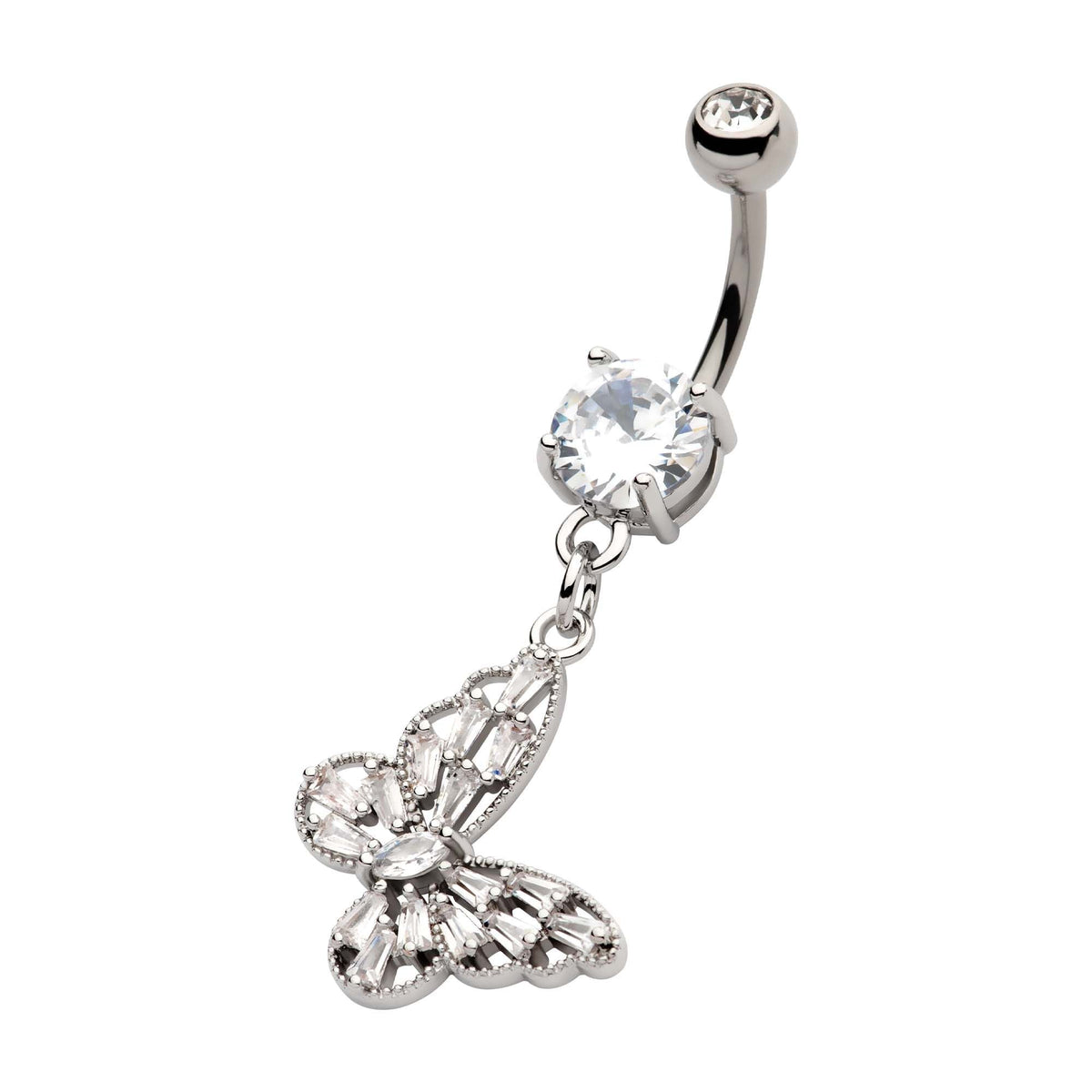 TBD-Belly Externally Threaded Multi Clear Baguette CZ Butterfly Dangle Navel -Rebel Bod-RebelBod