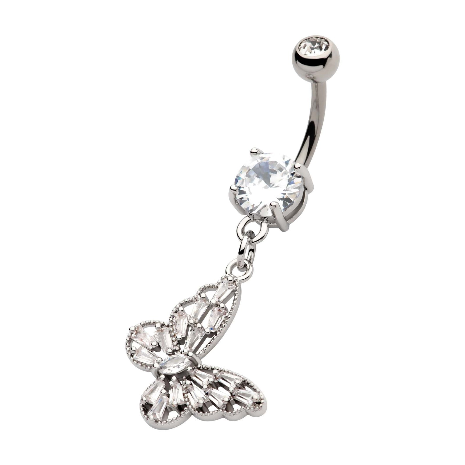 TBD-Belly Externally Threaded Multi Clear Baguette CZ Butterfly Dangle Navel -Rebel Bod-RebelBod