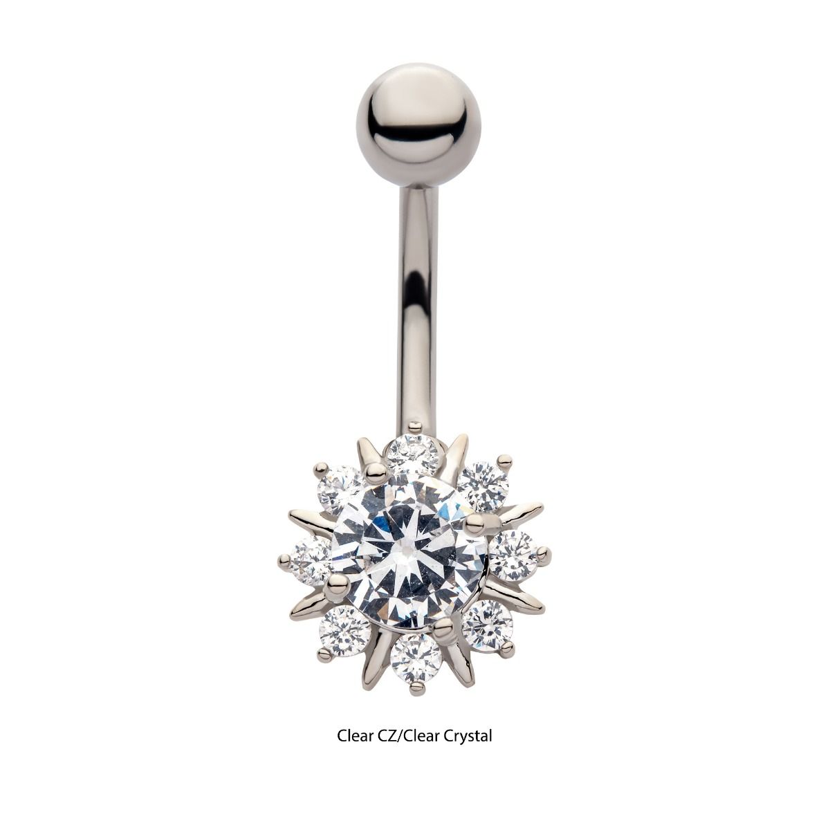TBD-Belly Externally Threaded Multi Clear Crystal CZ Burst Fixed Navel -Rebel Bod-RebelBod