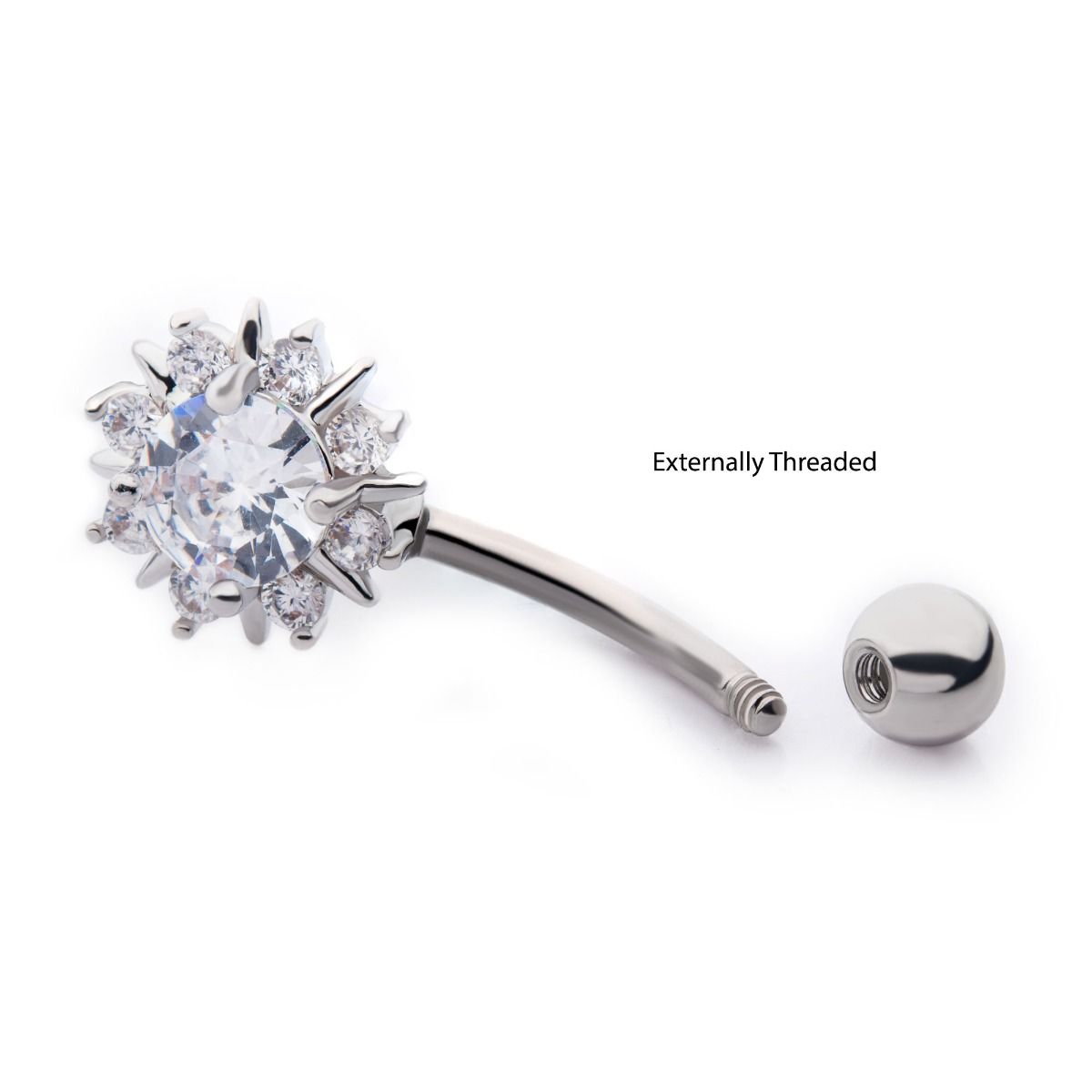 TBD-Belly Externally Threaded Multi Clear Crystal CZ Burst Fixed Navel -Rebel Bod-RebelBod