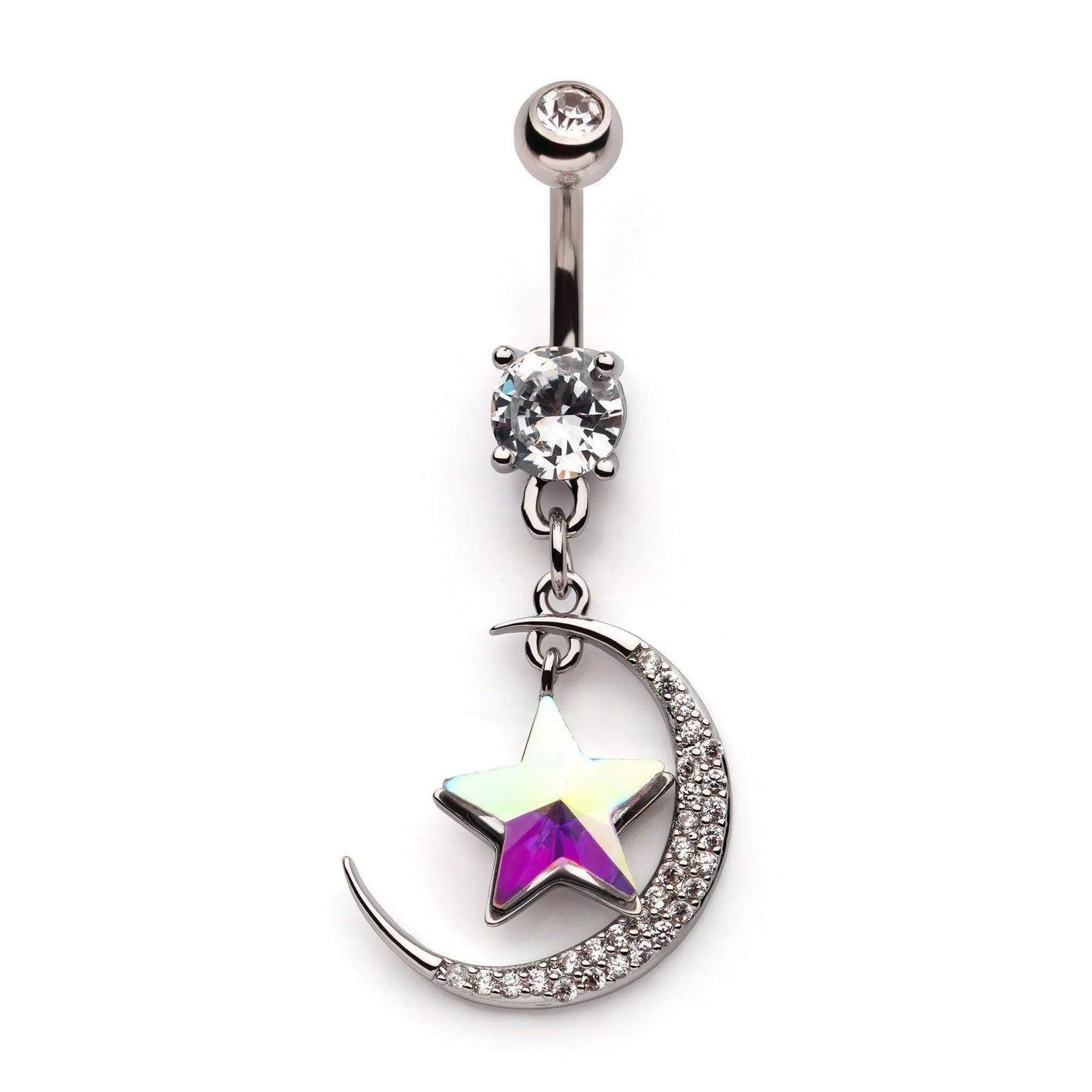 Belly Externally Threaded Multi Clear CZ Crescent Moon Aurora Borealis CZ Star Dangle Navel nesl-17955cab -Rebel Bod-RebelBod