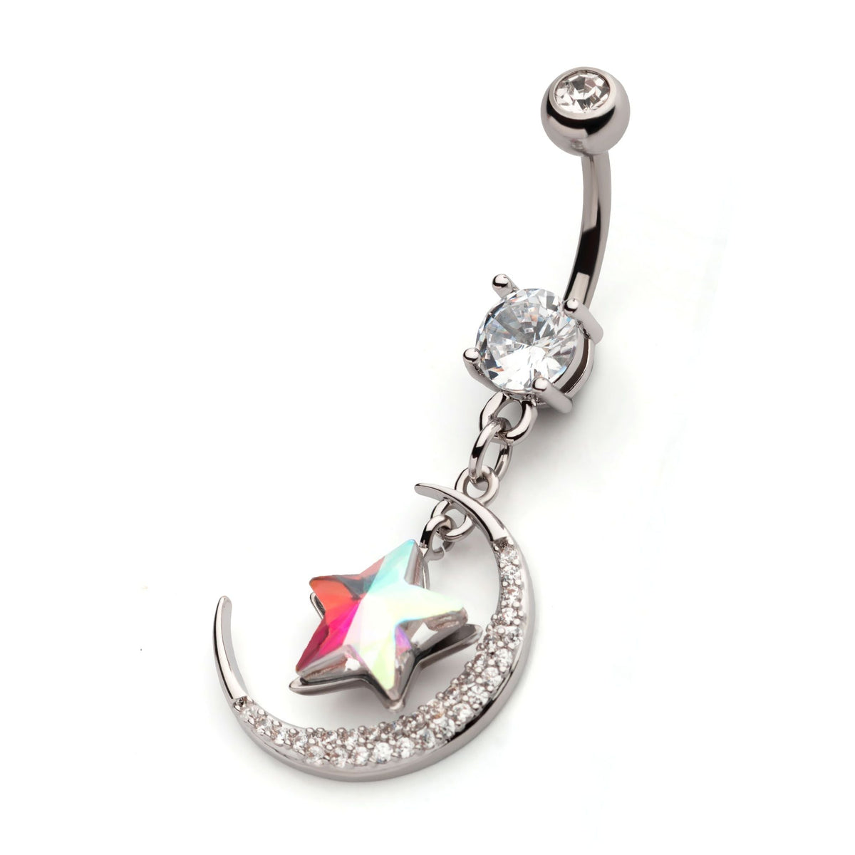 Belly Externally Threaded Multi Clear CZ Crescent Moon Aurora Borealis CZ Star Dangle Navel nesl-17955cab -Rebel Bod-RebelBod