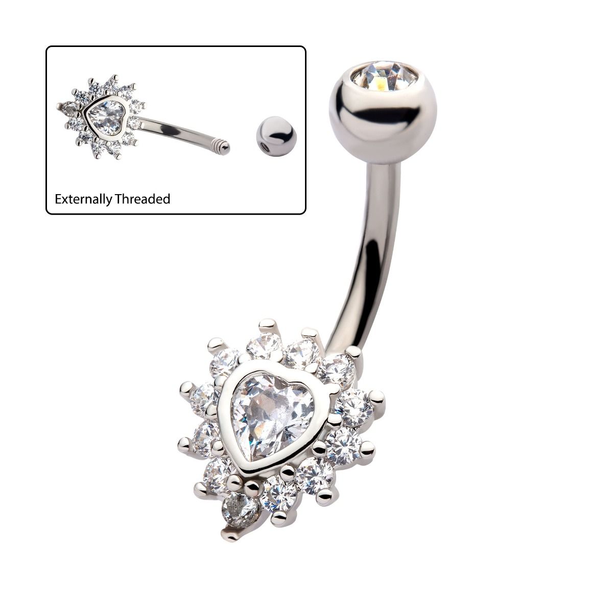 TBD-Belly Externally Threaded Multi Clear CZ Heart Fixed Navel -Rebel Bod-RebelBod