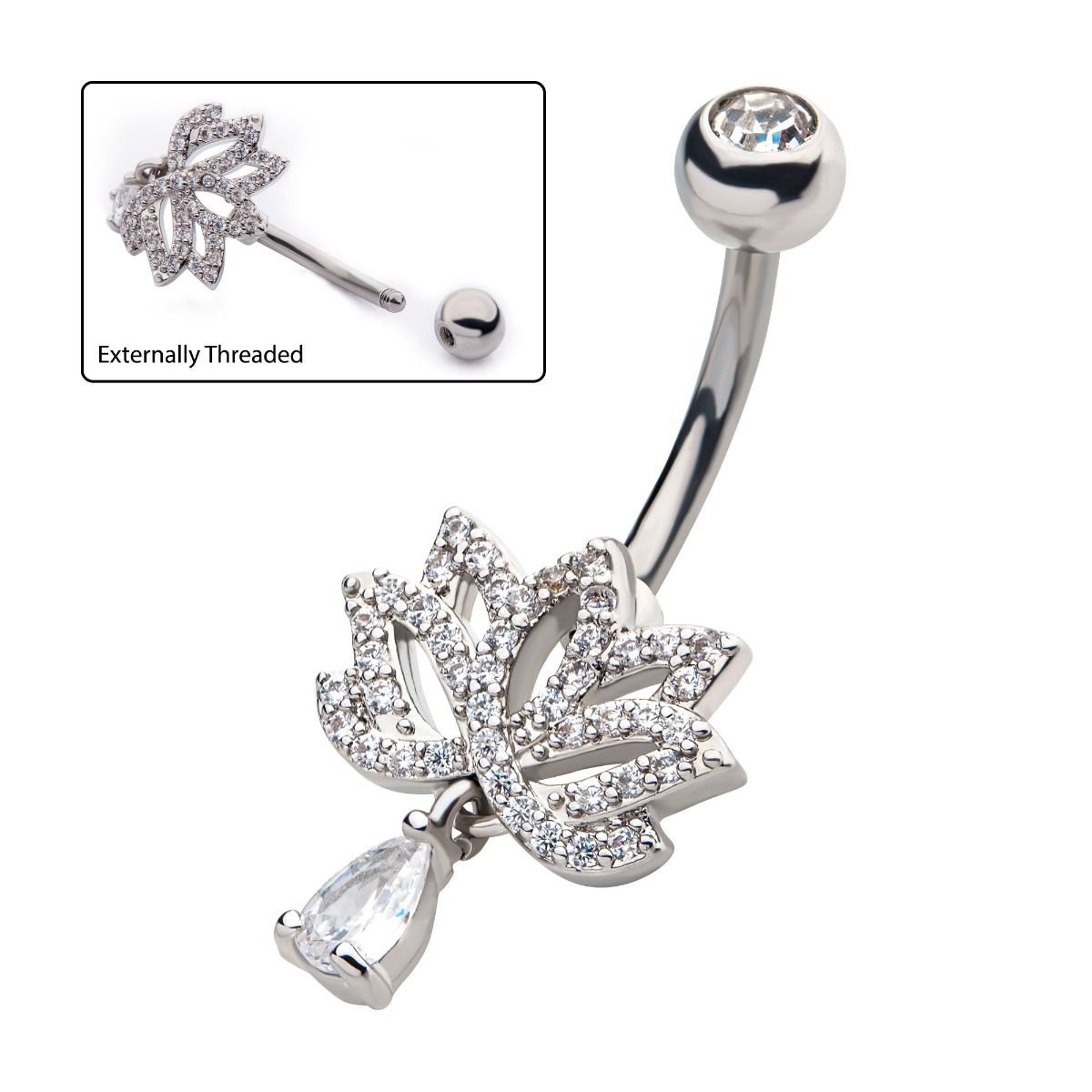 TBD-Belly Externally Threaded Multi Clear CZ Lotus Dangle Teardrop CZ Navel -Rebel Bod-RebelBod