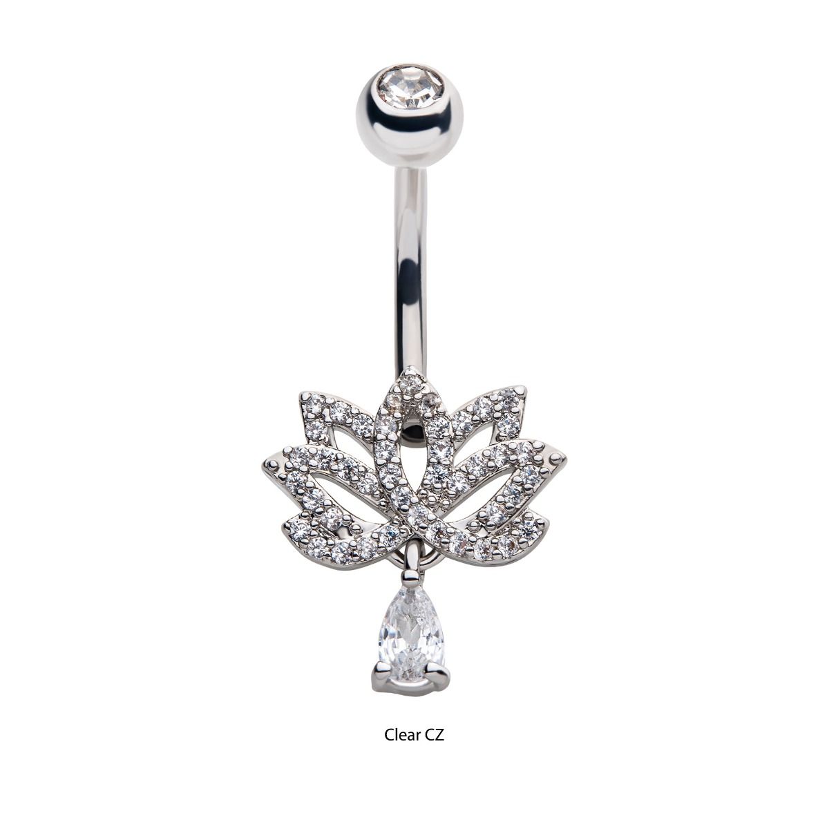 TBD-Belly Externally Threaded Multi Clear CZ Lotus Dangle Teardrop CZ Navel -Rebel Bod-RebelBod