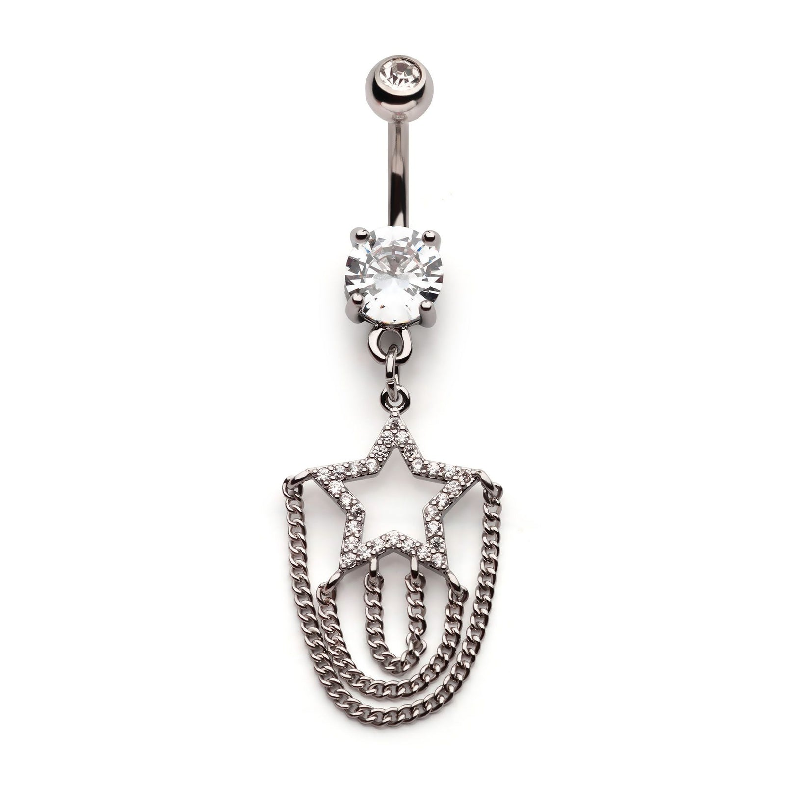 Belly Externally Threaded Multi Clear CZ Star Triple Tiered Chain Dangle Navel nesl-20305c -Rebel Bod-RebelBod