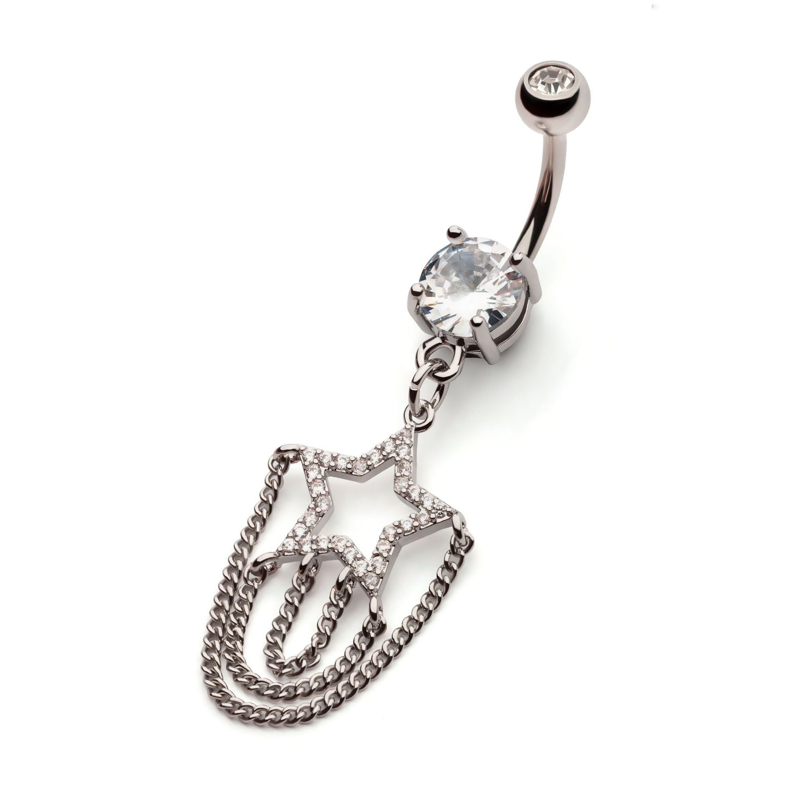 Belly Externally Threaded Multi Clear CZ Star Triple Tiered Chain Dangle Navel nesl-20305c -Rebel Bod-RebelBod
