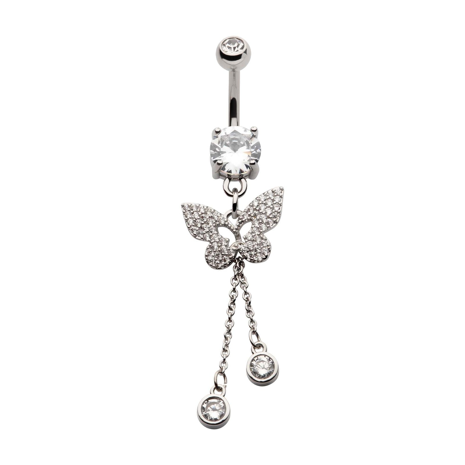 TBD-Belly Externally Threaded Pave Clear CZ Gem Butterfly Chains Round CZ Double Dangle Navel -Rebel Bod-RebelBod