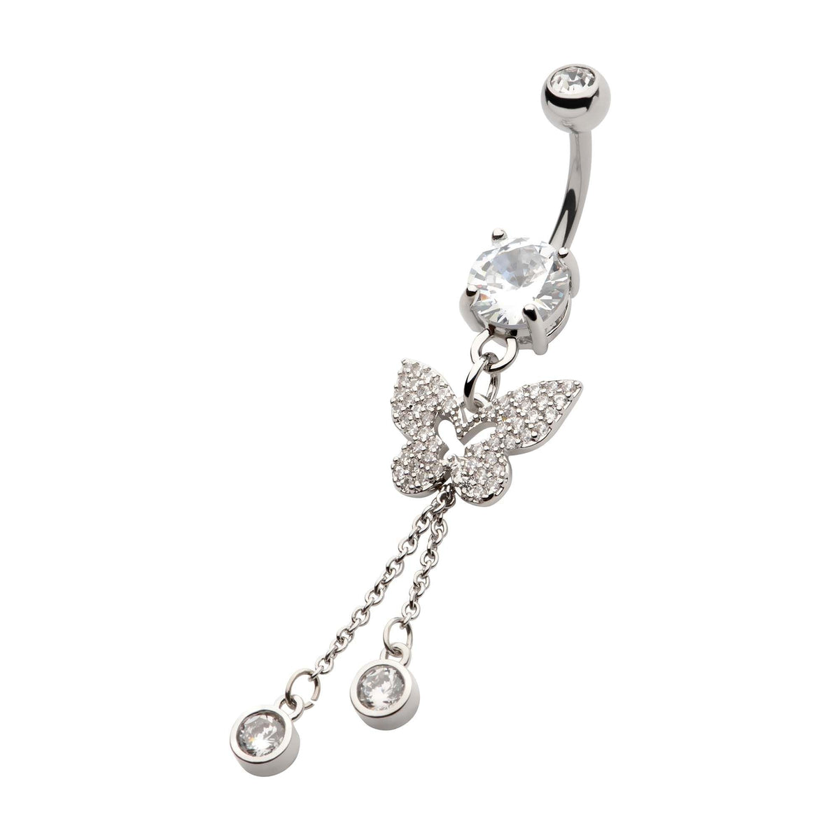 TBD-Belly Externally Threaded Pave Clear CZ Gem Butterfly Chains Round CZ Double Dangle Navel -Rebel Bod-RebelBod