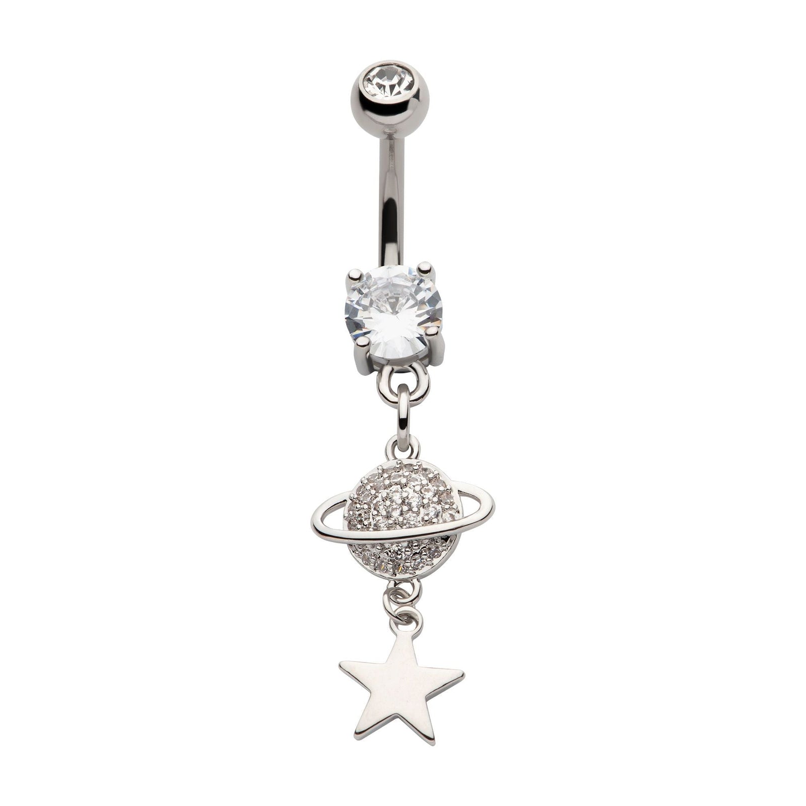 TBD-Belly Externally Threaded Pave Clear CZ Gem Planet Star Double Dangle Navel -Rebel Bod-RebelBod