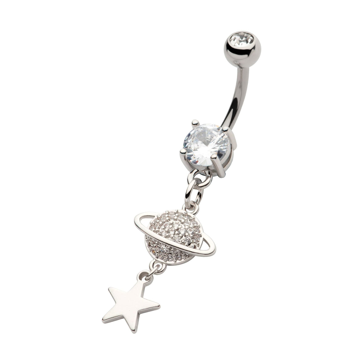 TBD-Belly Externally Threaded Pave Clear CZ Gem Planet Star Double Dangle Navel -Rebel Bod-RebelBod