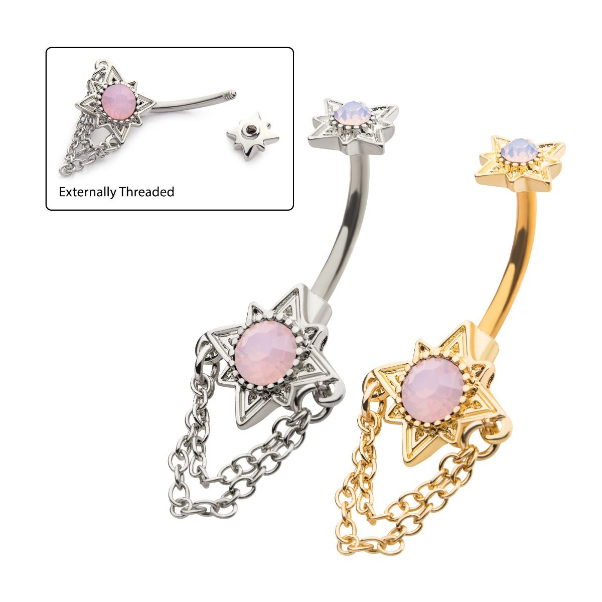 TBD-Belly Externally Threaded Pink Opalite Sun Fixed Navel 2 Dangle Chains -Rebel Bod-RebelBod