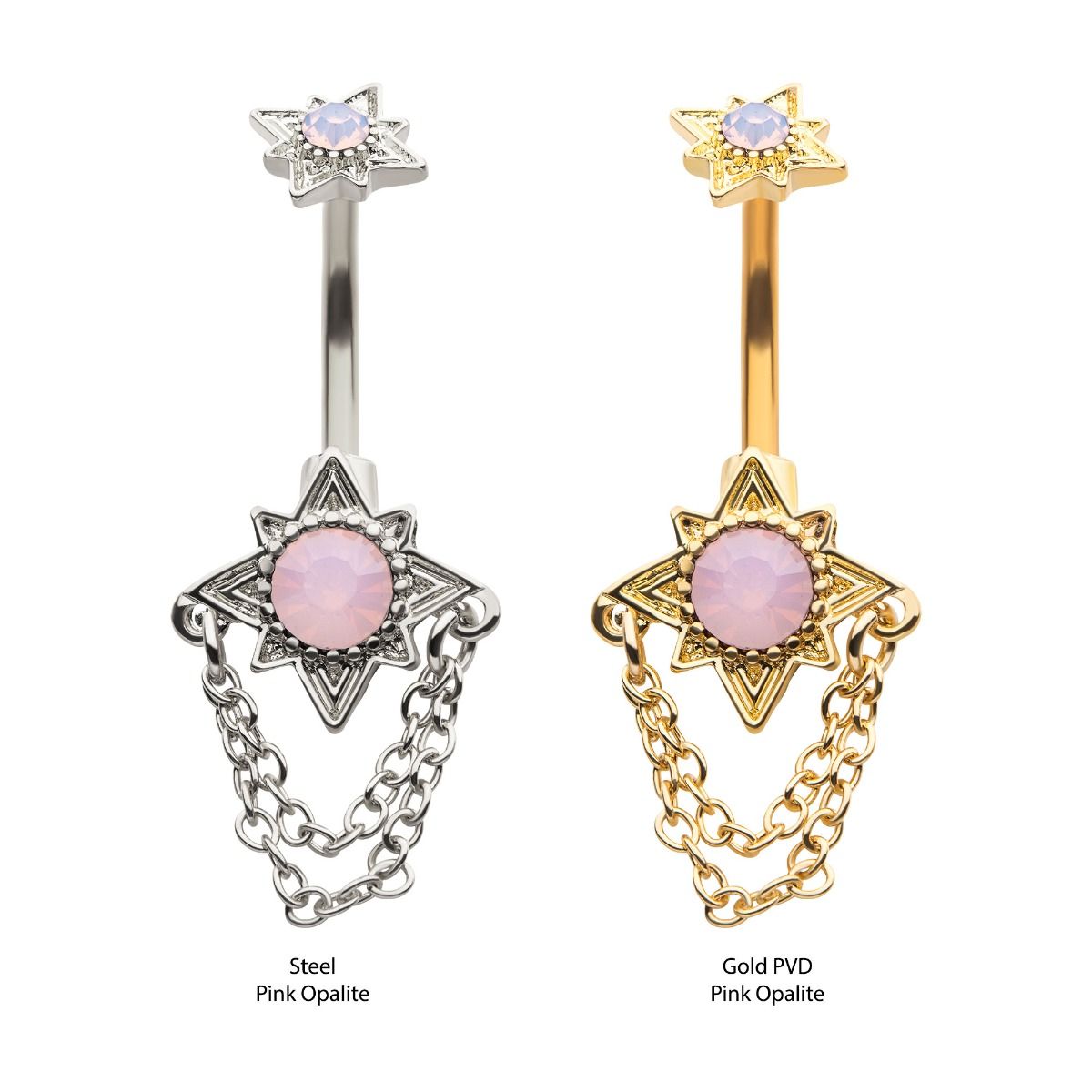 TBD-Belly Externally Threaded Pink Opalite Sun Fixed Navel 2 Dangle Chains -Rebel Bod-RebelBod