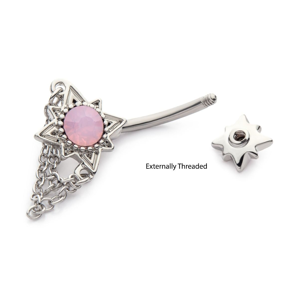 TBD-Belly Externally Threaded Pink Opalite Sun Fixed Navel 2 Dangle Chains -Rebel Bod-RebelBod