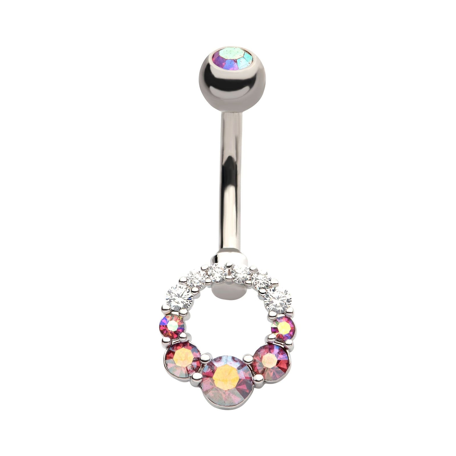 TBD-Belly Externally Threaded Rose Pink AB Gem Clear CZ in Cut Out Circular Shape Fixed Navel -Rebel Bod-RebelBod