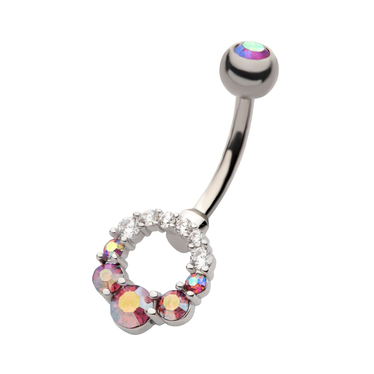 TBD-Belly Externally Threaded Rose Pink AB Gem Clear CZ in Cut Out Circular Shape Fixed Navel -Rebel Bod-RebelBod
