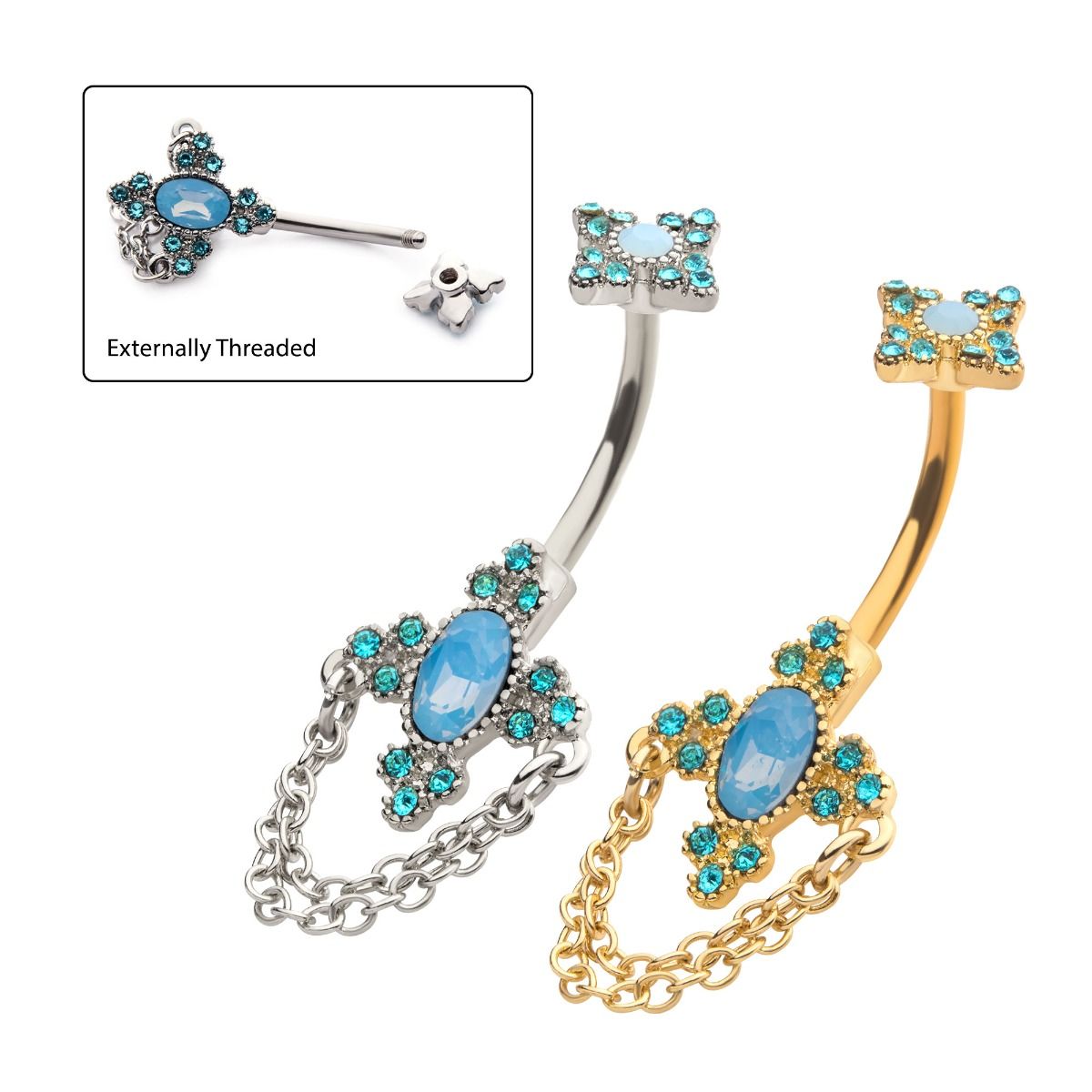 TBD-Belly Externally Threaded Trinity Aqua Crystals Blue Opalite Cross Shape Fixed Navel 2 Dangle Chains -Rebel Bod-RebelBod