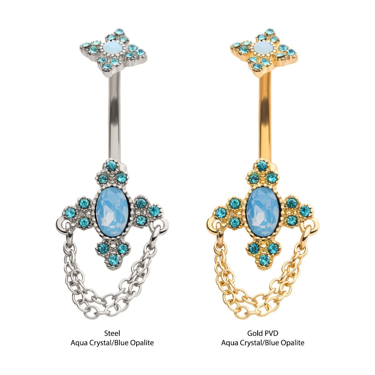 TBD-Belly Externally Threaded Trinity Aqua Crystals Blue Opalite Cross Shape Fixed Navel 2 Dangle Chains -Rebel Bod-RebelBod
