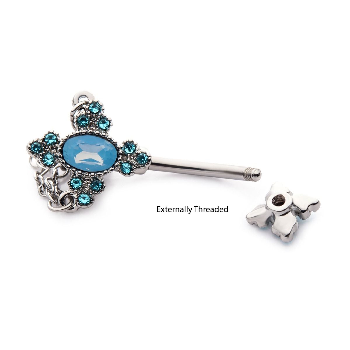 TBD-Belly Externally Threaded Trinity Aqua Crystals Blue Opalite Cross Shape Fixed Navel 2 Dangle Chains -Rebel Bod-RebelBod