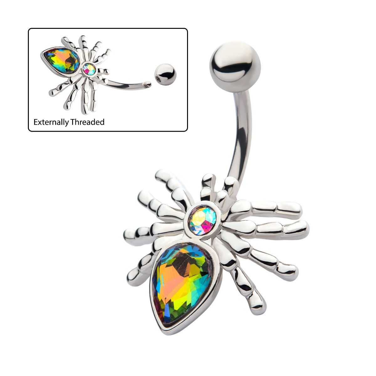 TBD-Belly Externally Threaded Vitrail Medium Crystal Spider Fixed Navel -Rebel Bod-RebelBod