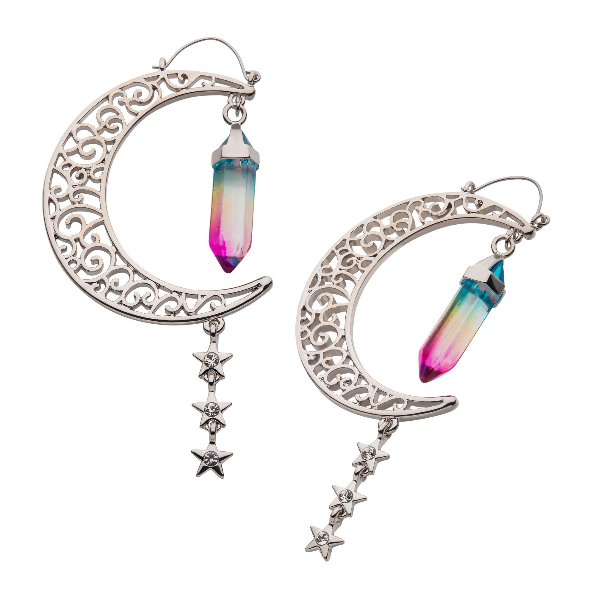 Tapers - Hanging Filigree Crescent Moon Oil Slick Crystal Triple Star Dangle Plug Hoops -Rebel Bod-RebelBod