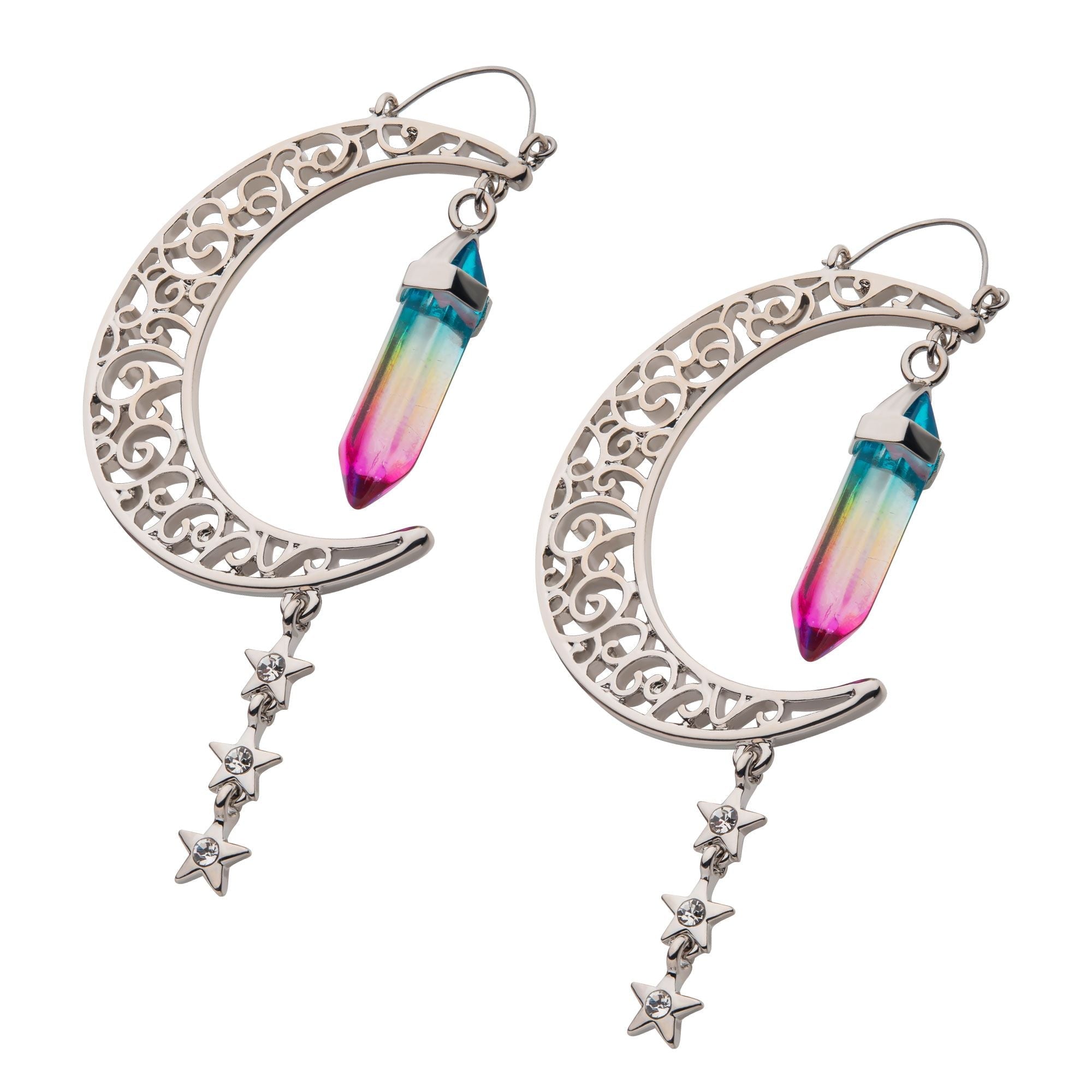 Tapers - Hanging Filigree Crescent Moon Oil Slick Crystal Triple Star Dangle Plug Hoops -Rebel Bod-RebelBod