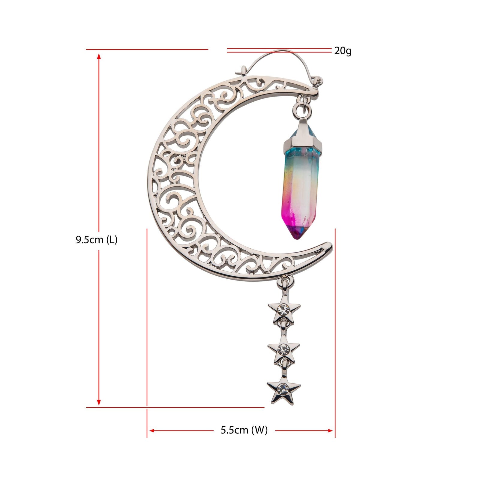 Tapers - Hanging Filigree Crescent Moon Oil Slick Crystal Triple Star Dangle Plug Hoops -Rebel Bod-RebelBod