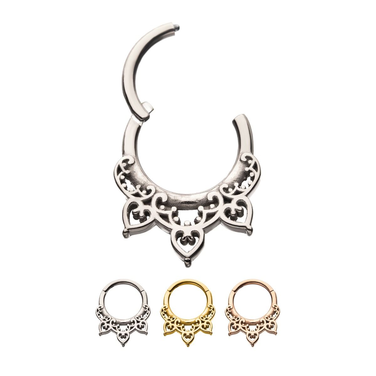 SEAMLESS CLICKER Filigree Heart Hinged Segment rings -Rebel Bod-RebelBod