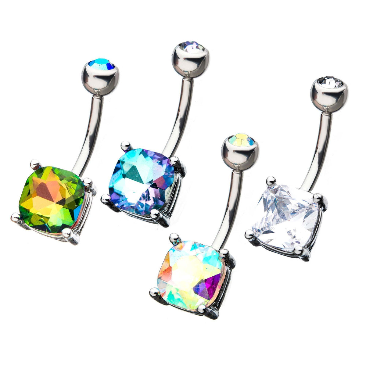 Fixed Belly Ring Bars Sparkling Faceted Square Cushion Cut Gem