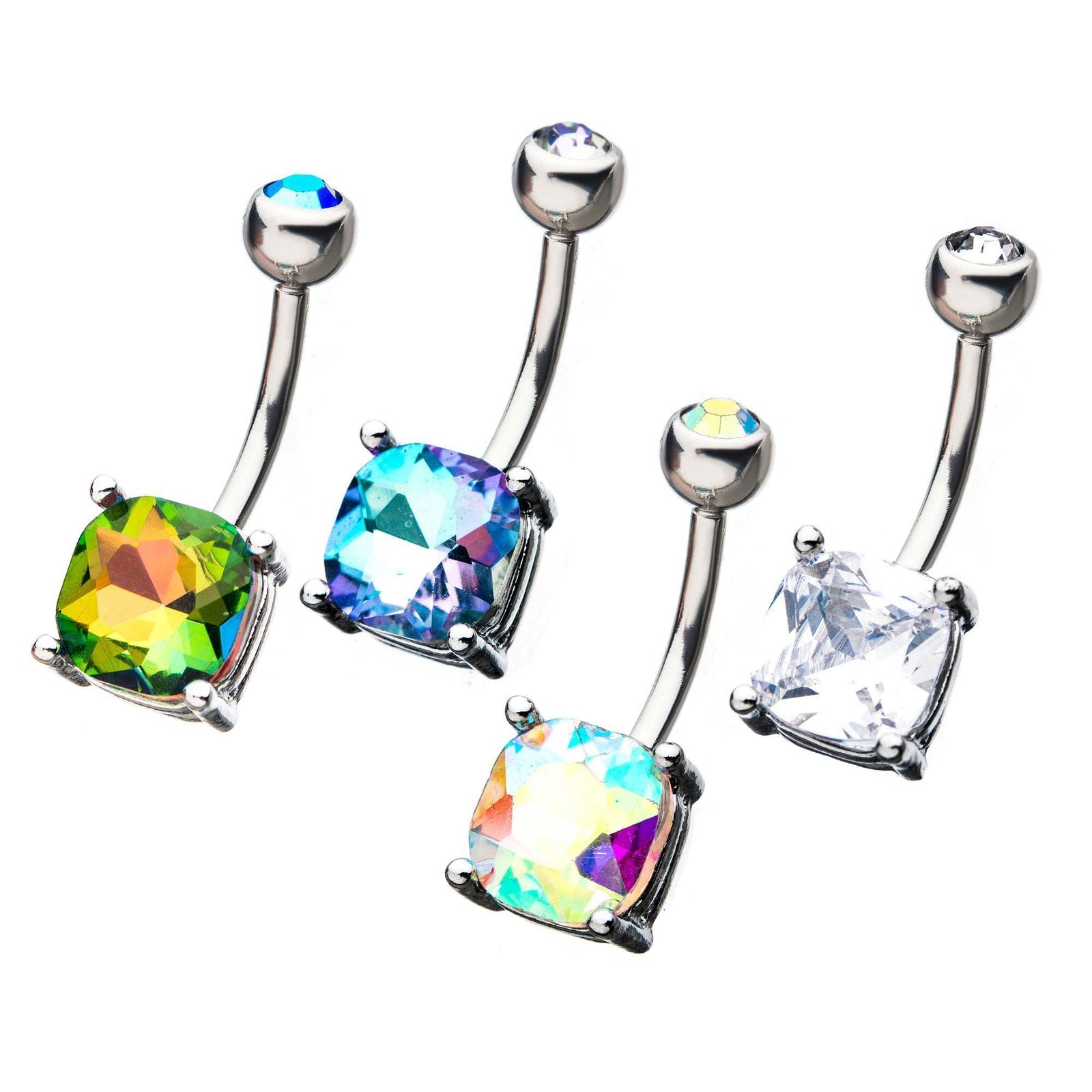 Fixed Belly Ring Bars Sparkling Faceted Square Cushion Cut Gem