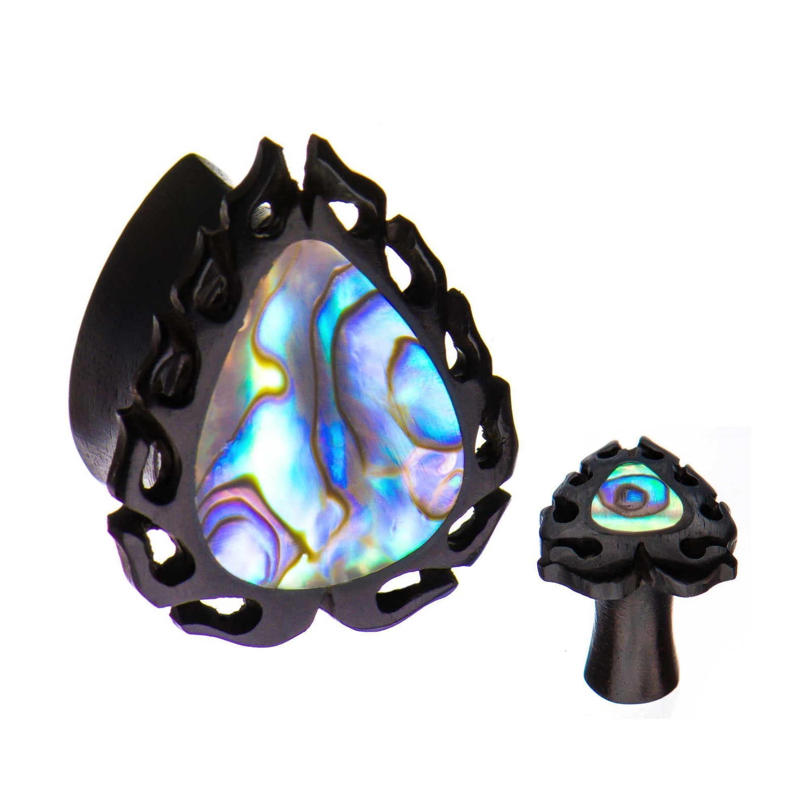 Flaming Teardrop Iron Wood Teardrop Double Flared Ear Gauge Plugs Abalone shell - 1 Pair